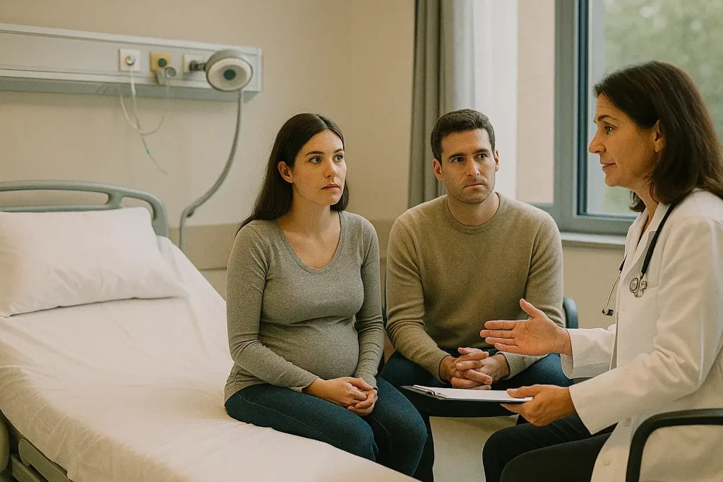 couple en consultation dans chambre de maternite avec professionnelle de sante