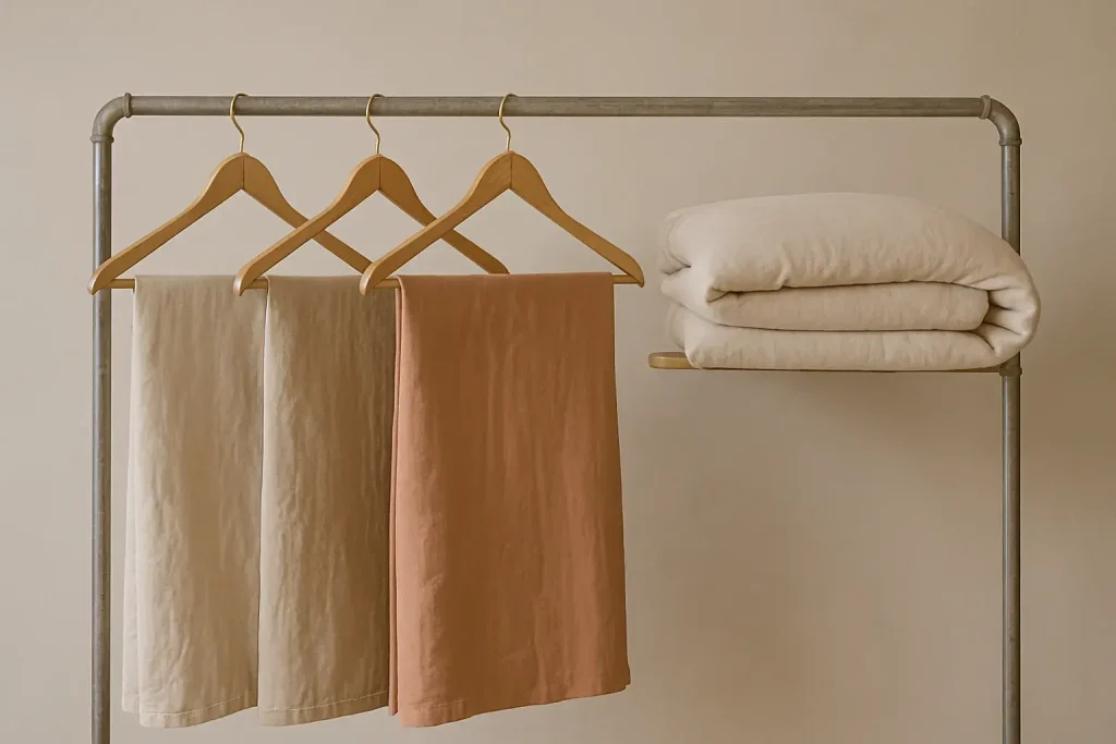 draps et housses en lin lave suspendus sur des cintres monstrant differentes teintes naturelles