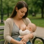 maman allaitant son bebe dans un lieu du quotidien