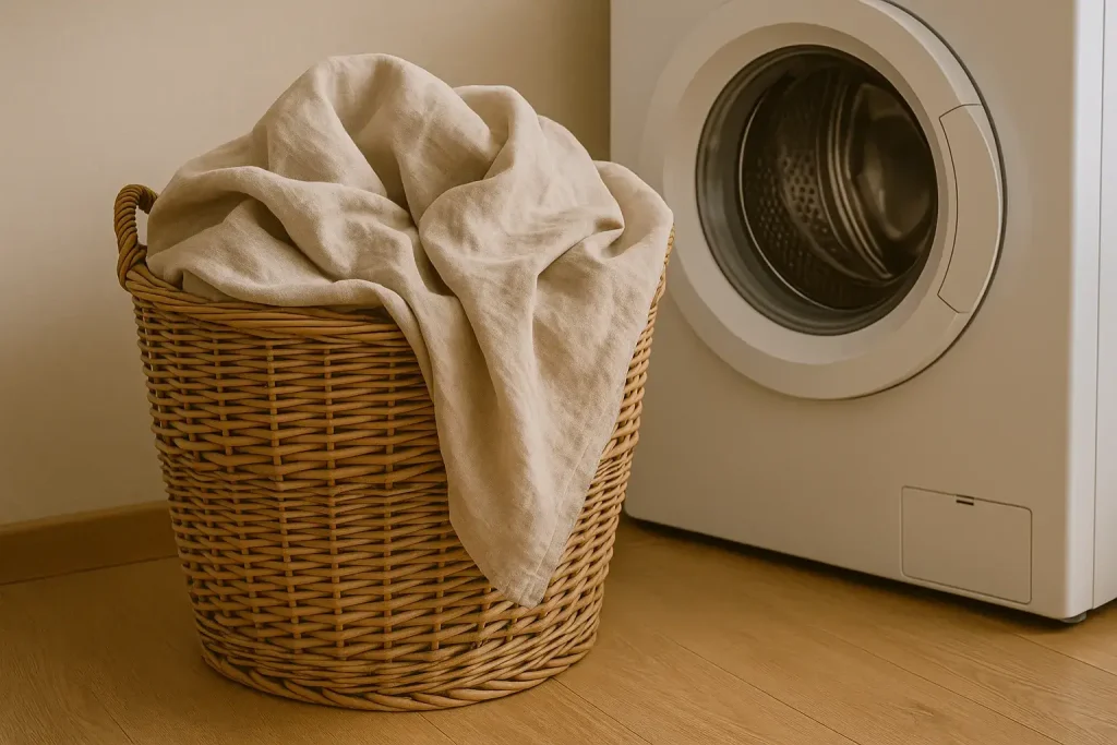 panier en osier rempli de linge en lin lave pose a cote d une machine a laver