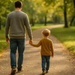 parent et enfant marchant main dans la main dans un parc