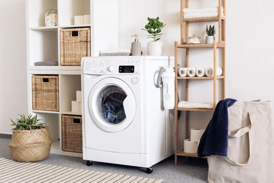 Buanderie moderne et organisée avec des rangements muraux et un plan de travail