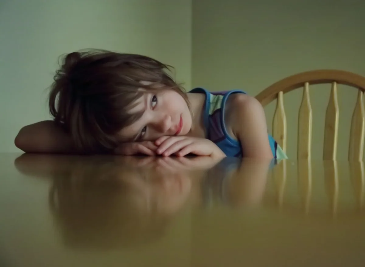 Enfant hypersensible posant sa tête sur la table dans un moment de réflexion
