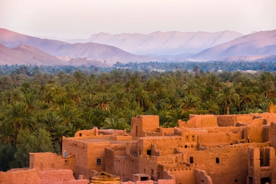 Ruelle colorée d'une médina marocaine avec des portes traditionnelles et de la lumière dorée